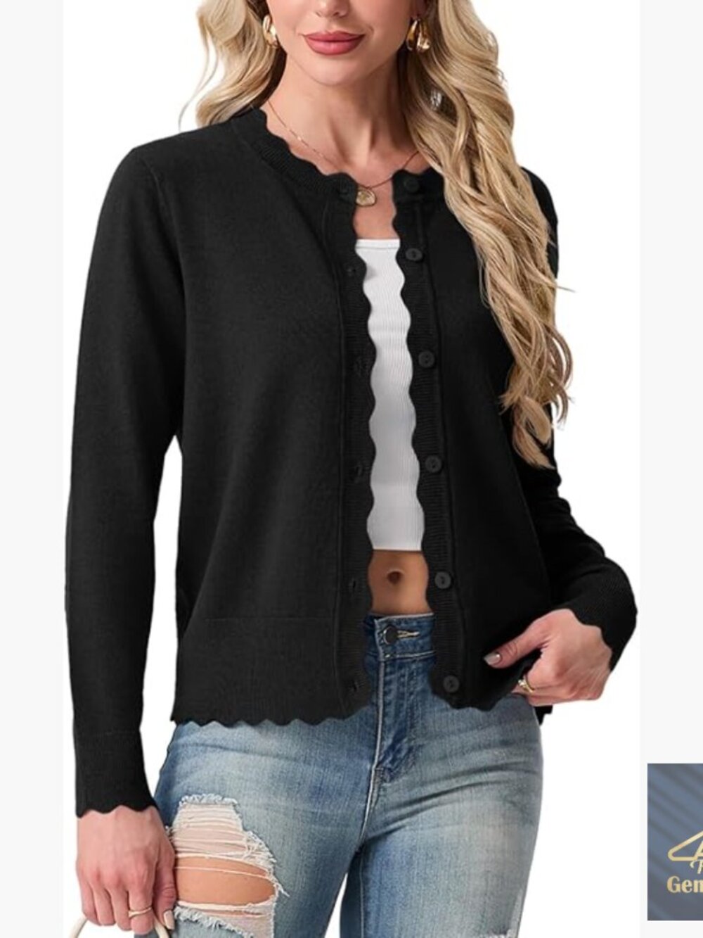 Lightweight Cardigan Sweater Long Sleeve Scalloped Edge Button Front